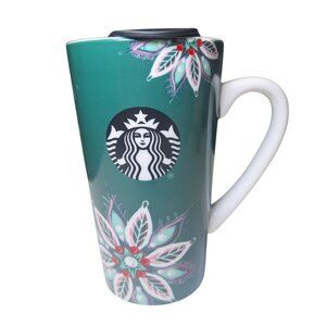 Starbucks 2020 Holiday Flower Mug Lid Tall Christmas Green Coffee Tea Ceramic 14